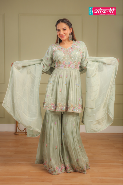 Floral Green Embroidered Sharara Suit (12049 GS-104)