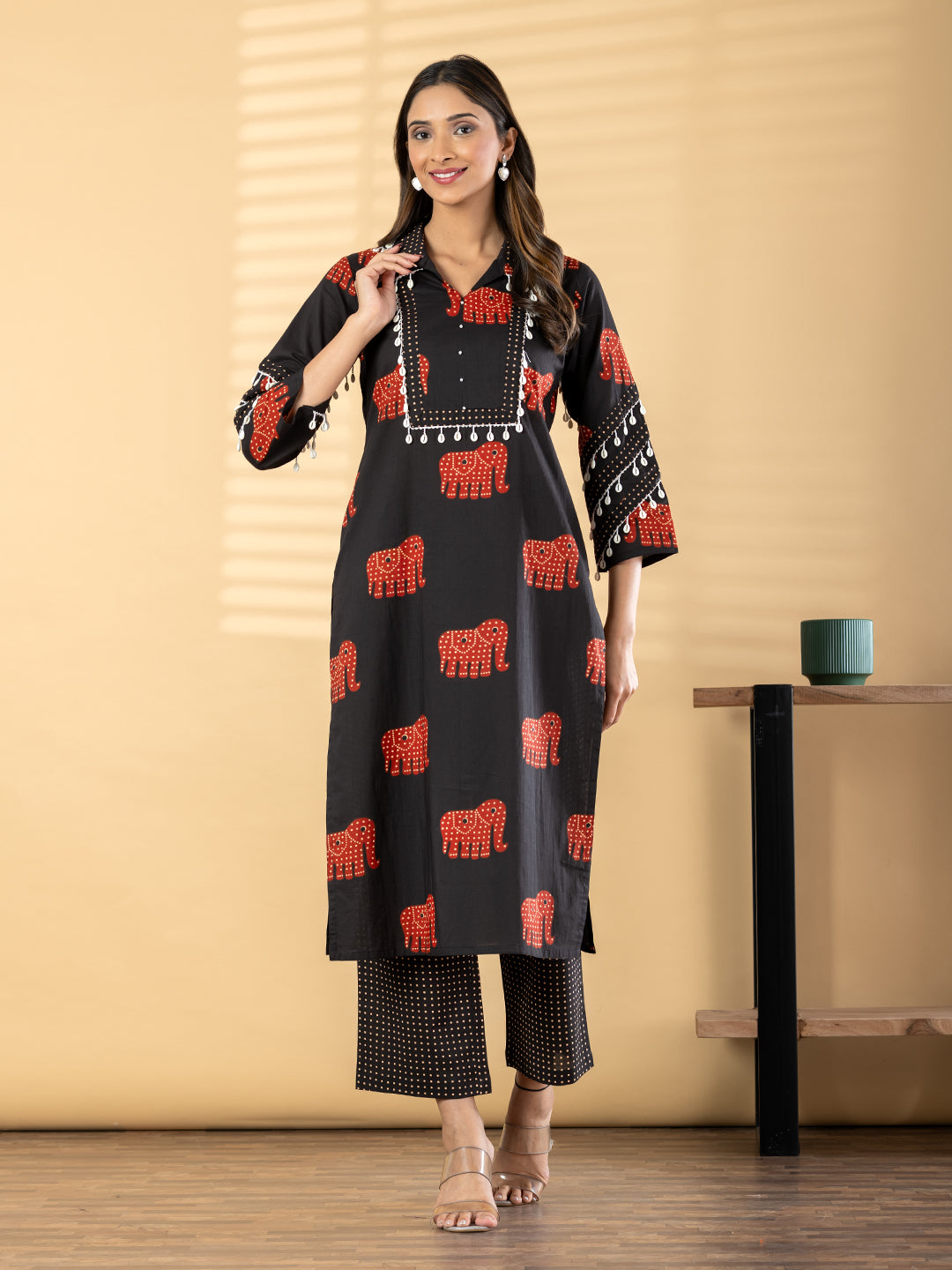 Elephant Print Cotton-Silk Suit with Tassel Accents Main image