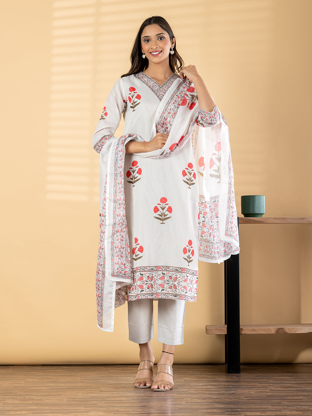Ivory Floral Cotton-Silk Suit Set