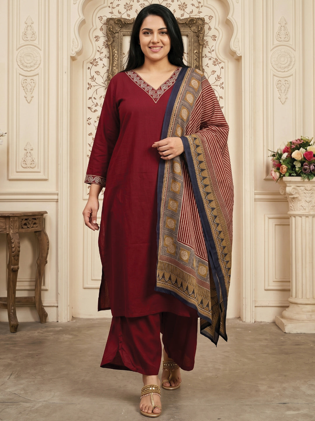 Maroon Red Embroidered Kurta Set