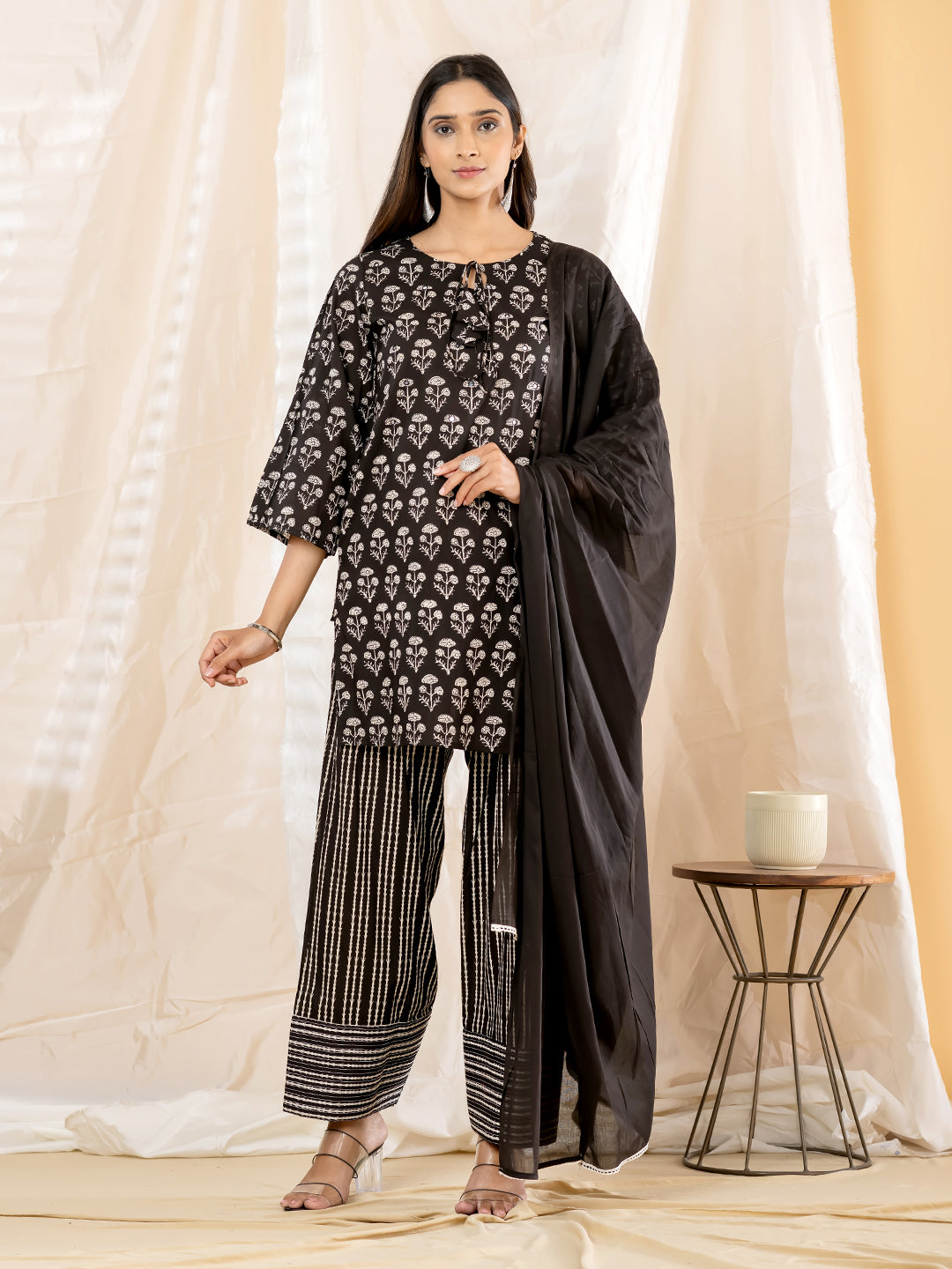 Black Floral Block Print Kurti Set