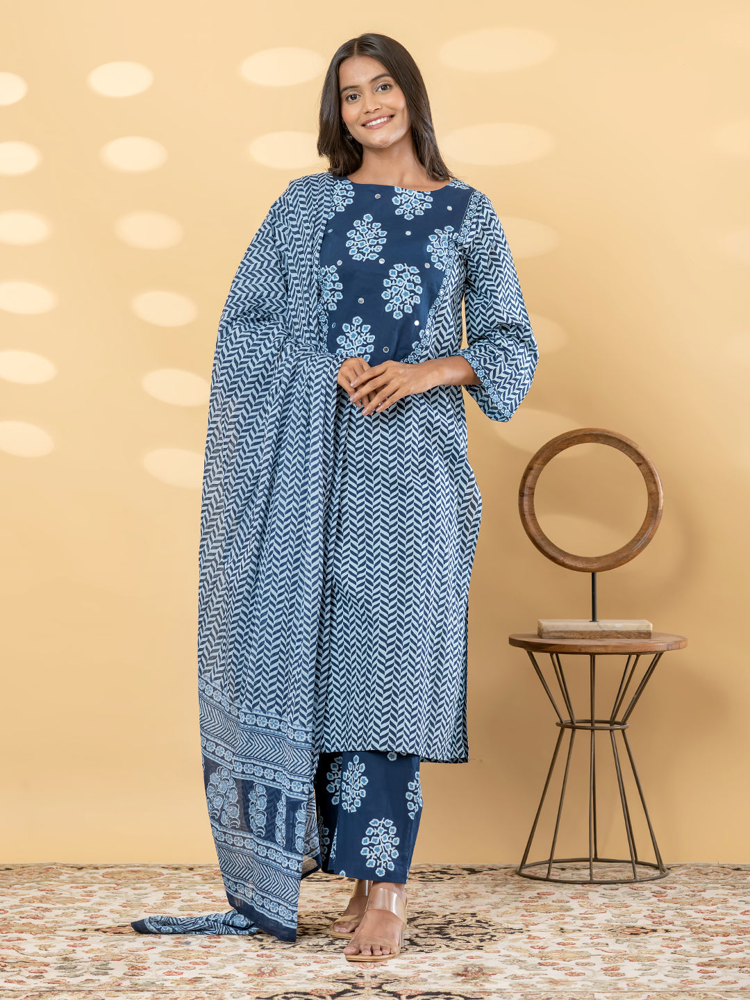 Indigo Blue Chevron Printed Kurta Set