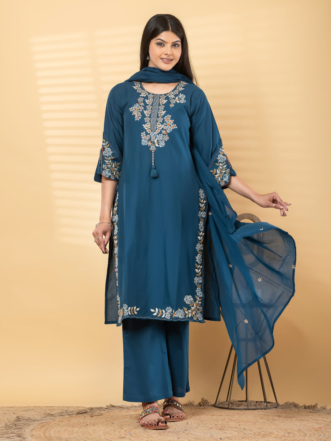 Teal Blue Floral Embroidered Suit Set