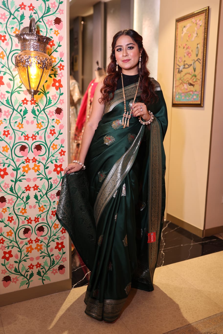 Dark Green Satin Silk Saree with Intricate Zari Work