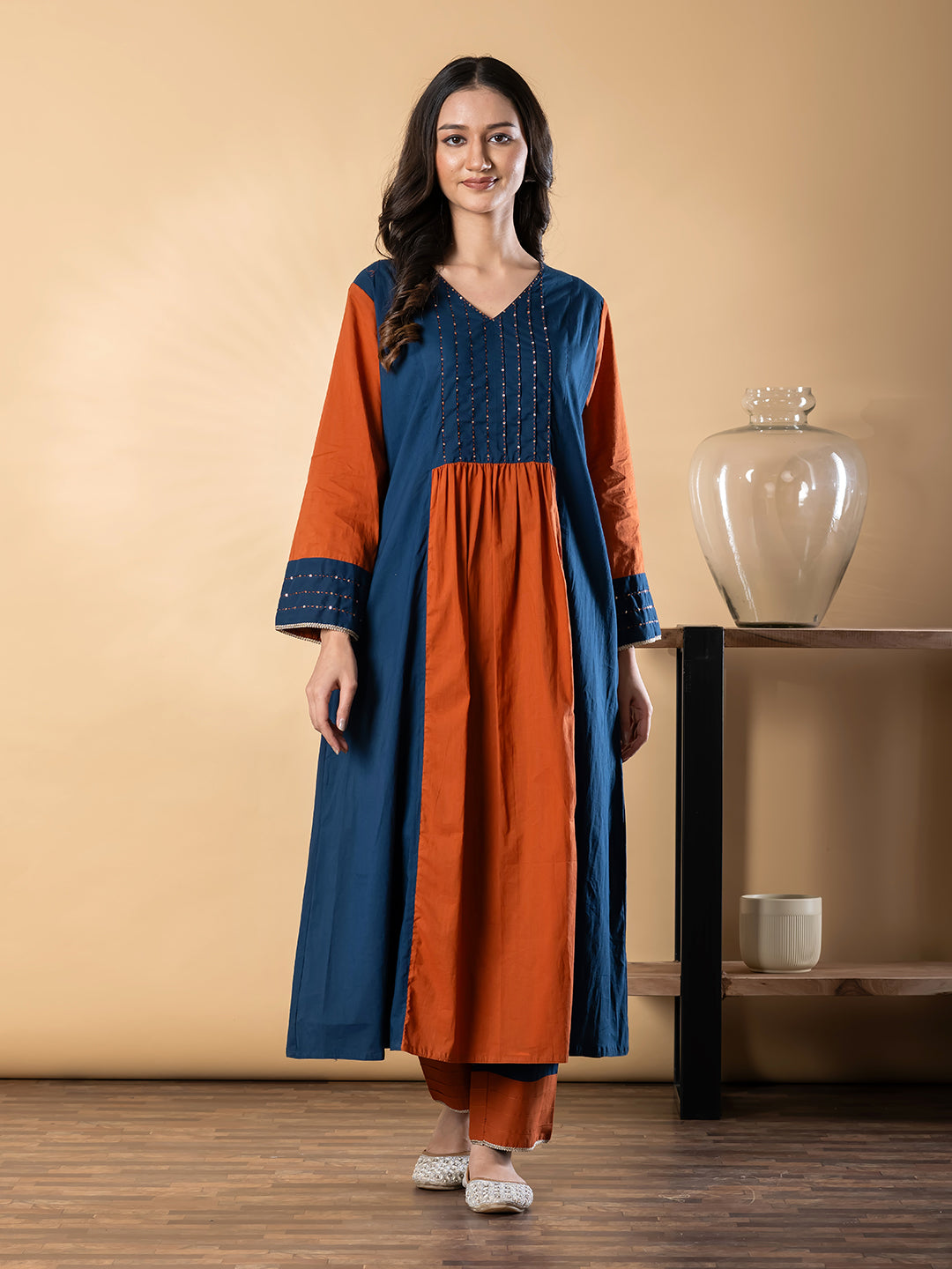 Teal & Terracotta Panel Kurta Set Main image