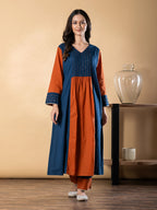 Teal & Terracotta Panel Kurta Set