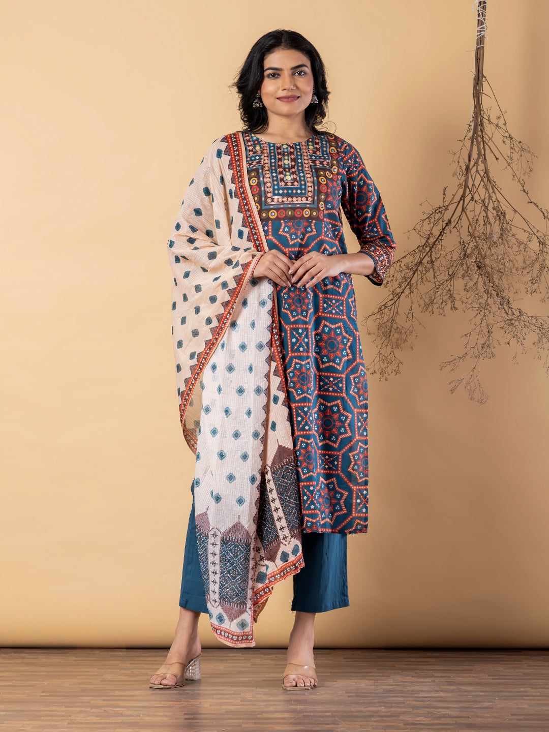 Azure Geometric Ajrakh Suit Set Main image