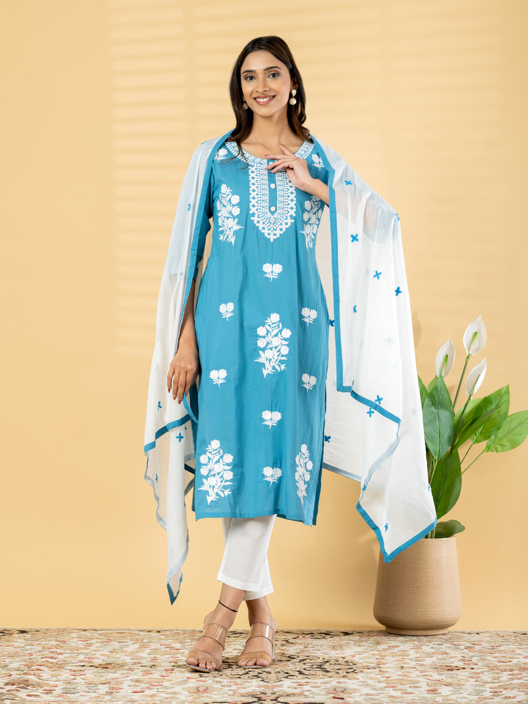 Azure Bloom Hand-Embroidered Suit Set Main image