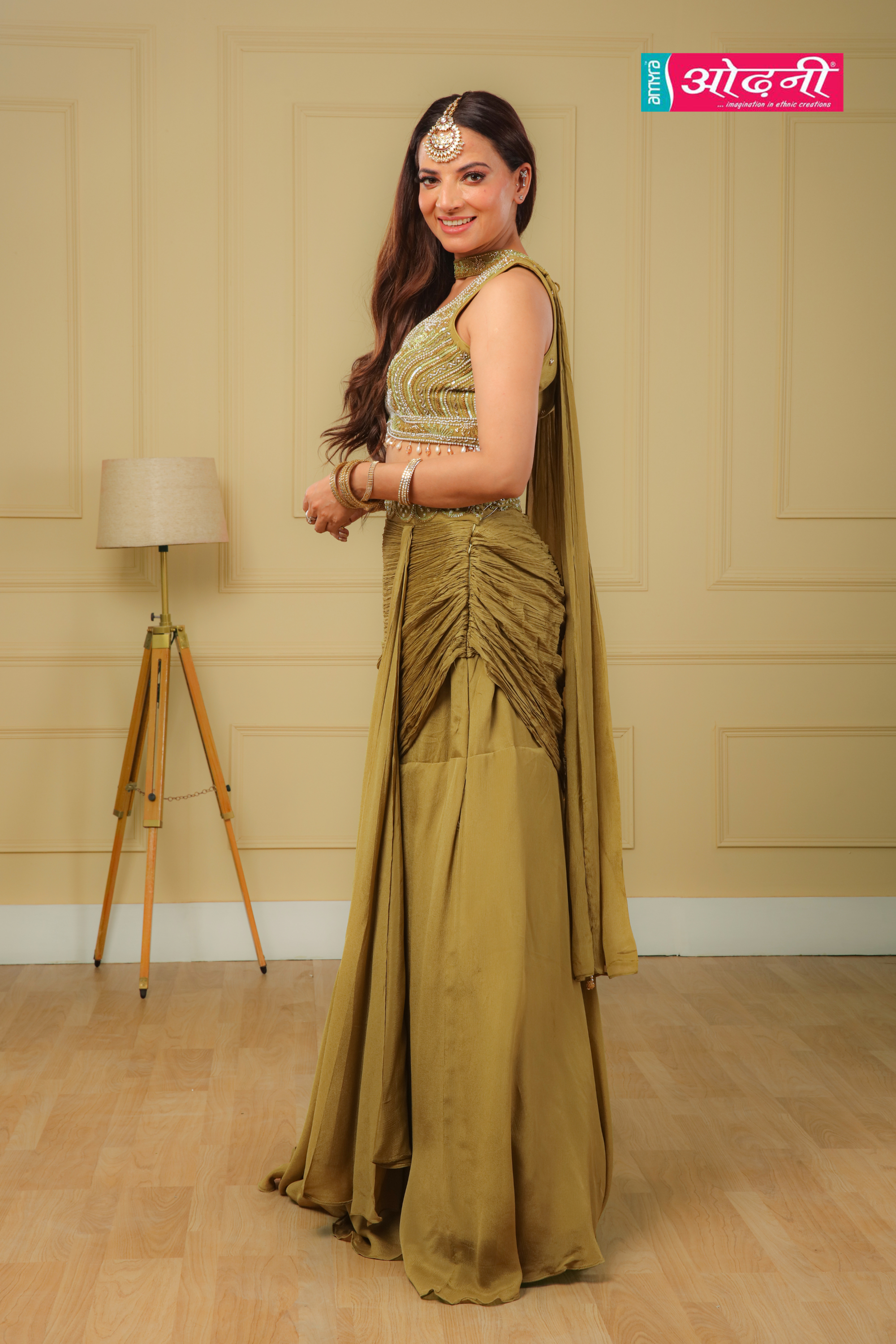 Olive Green Draped Skirt and Embellished Blouse (1086 GS-80) Secondary image