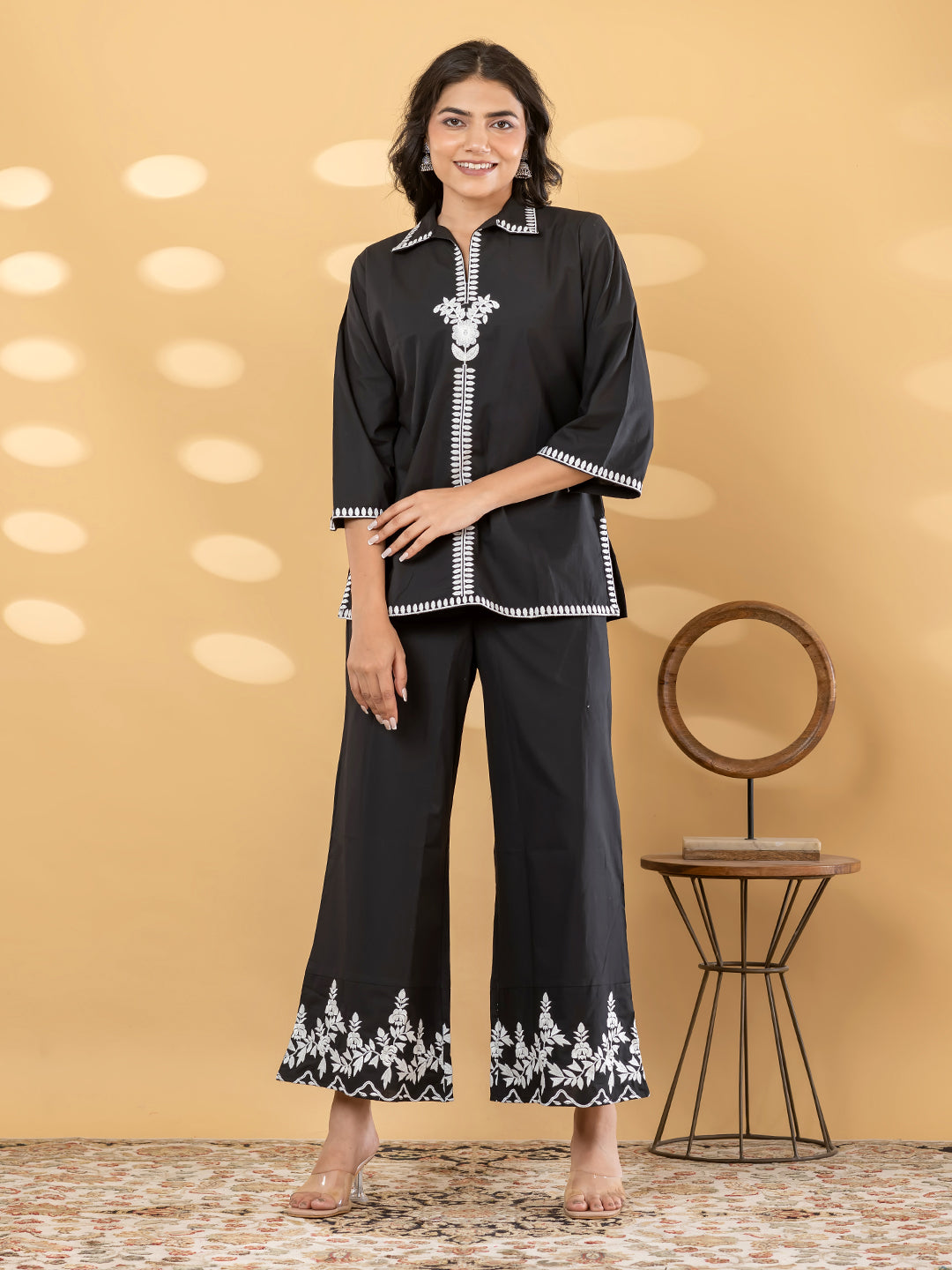 Black Embroidered Collar Short Kurti Set Main image