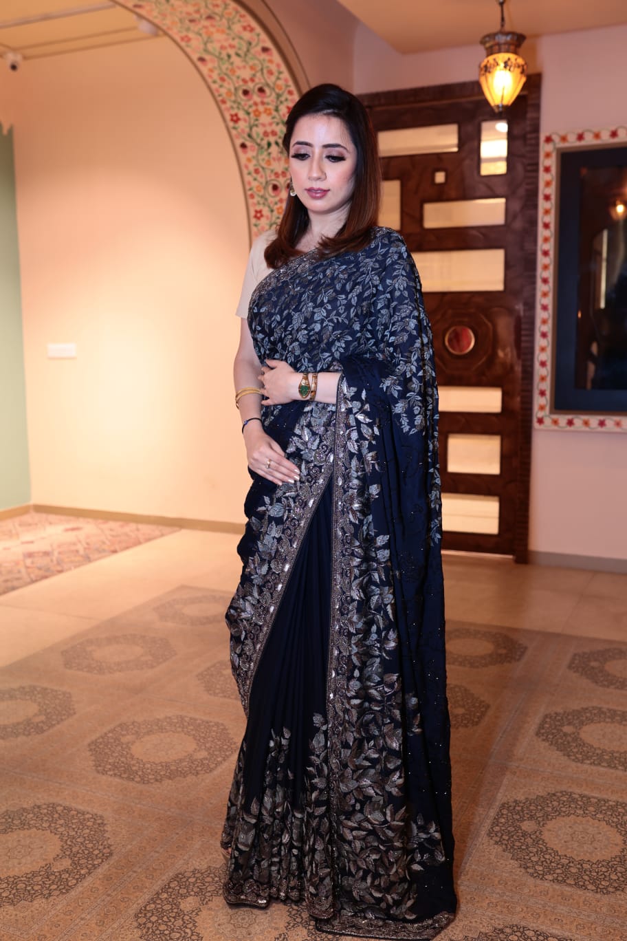 Elegant Dark Blue Georgette Saree with Intricate Embroidery