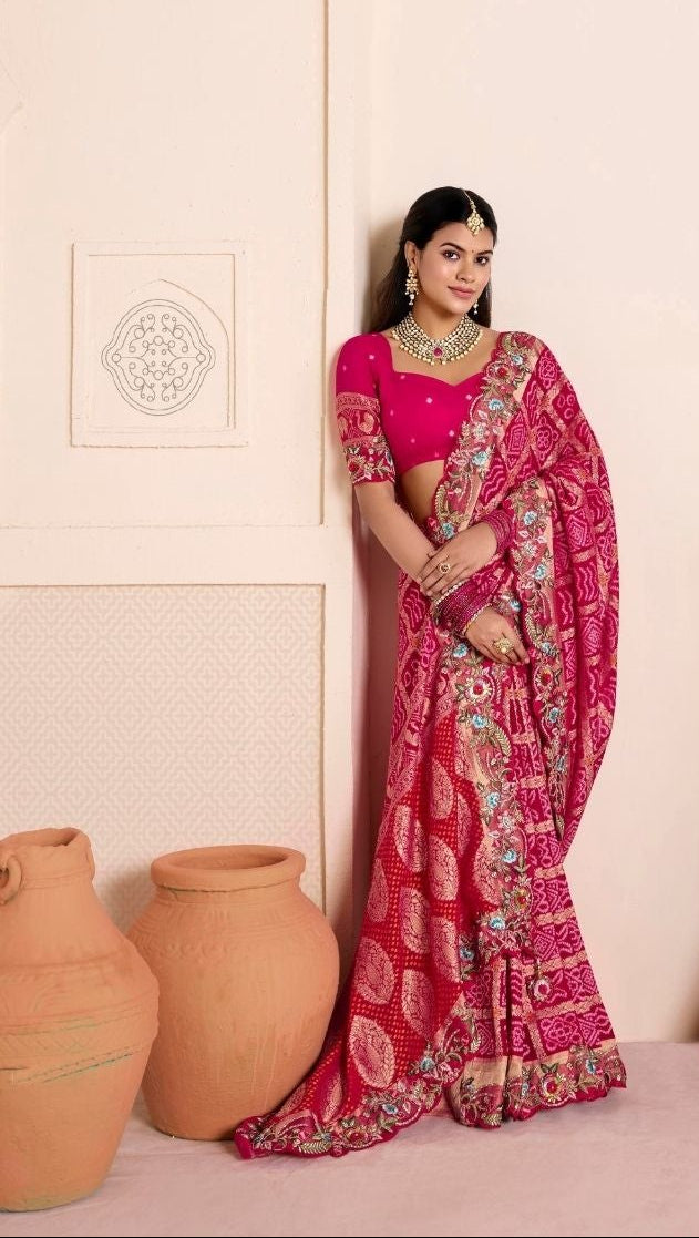 shop Festive Rani Pink Gajanand Bandhej Silk Saree with Embroidered Borders for women