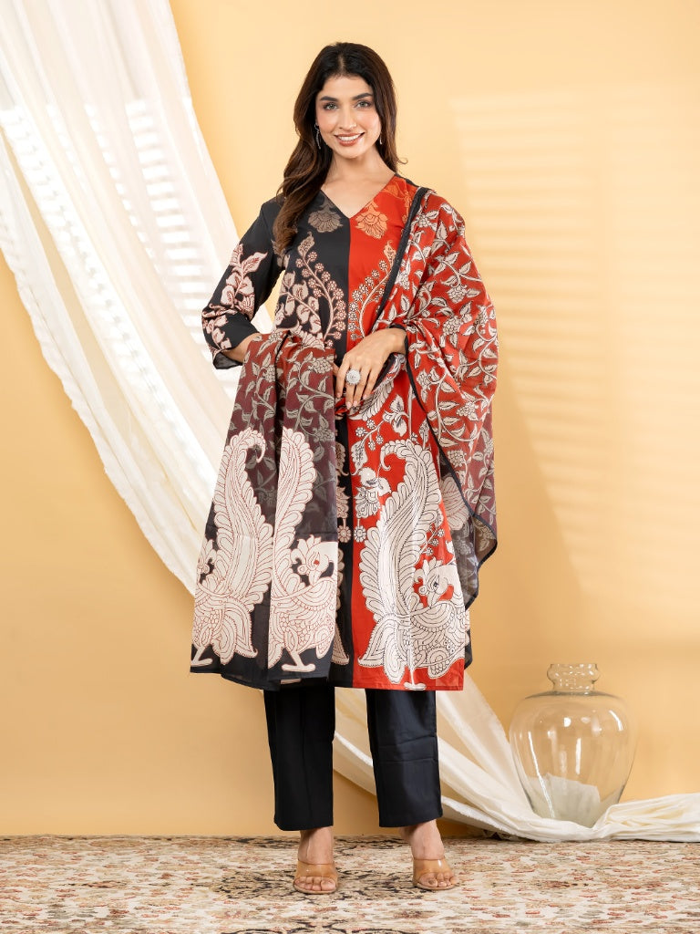 Black & Rust Kalamkari Split Printed Kurti Set