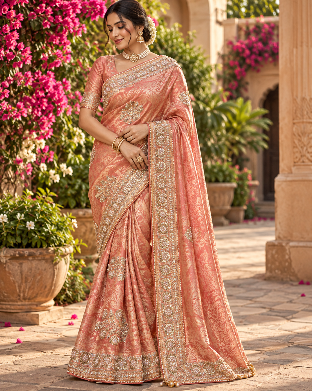 Peach Pink Embellished Silk Saree with Heavy Pearl & Zardozi Embroidered Border