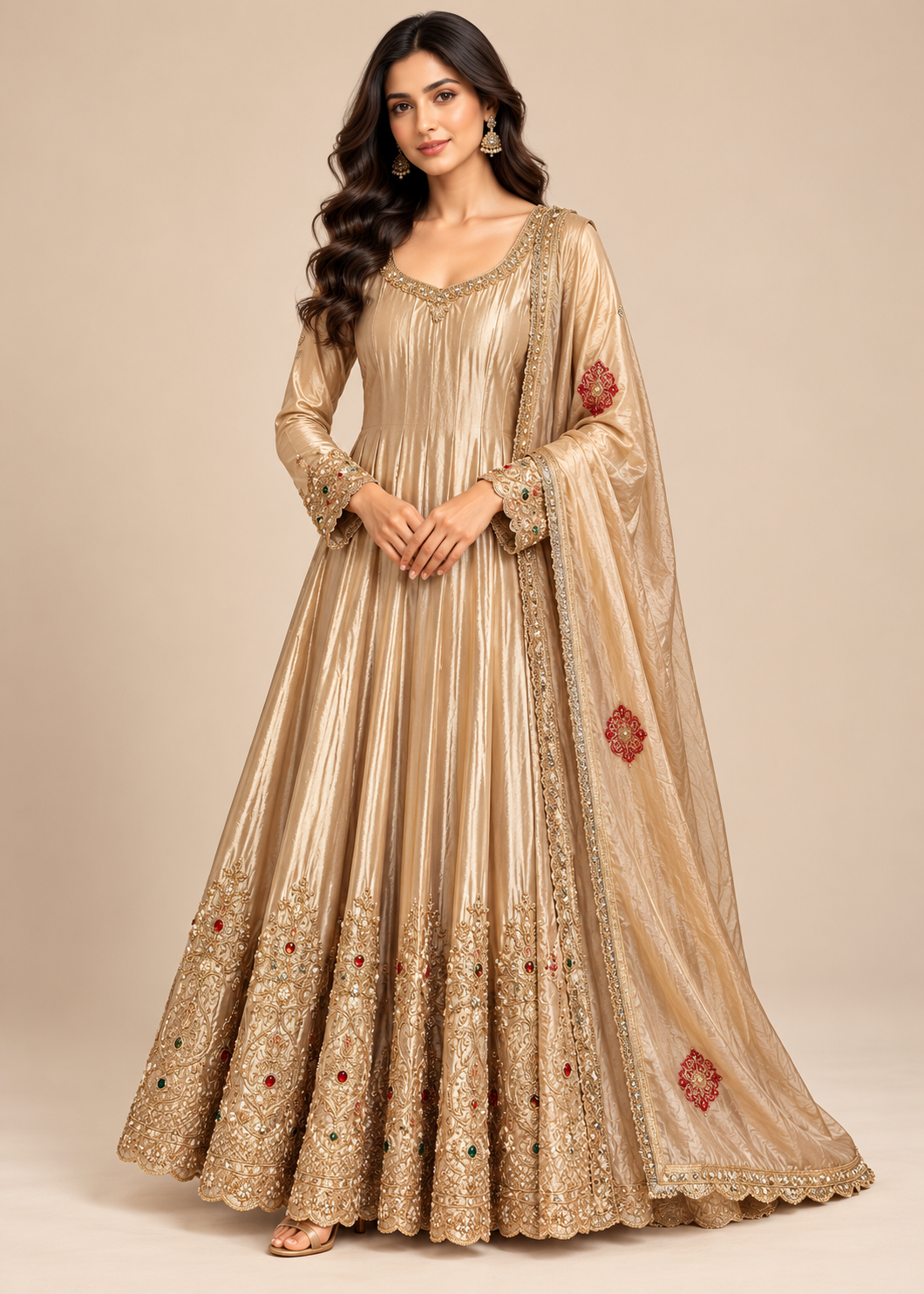 Champagne-Gold Embroidered Metallic Anarkali Gown Main image