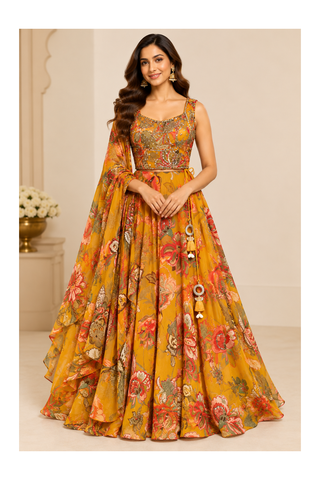 Mustard-Yellow Floral Printed Corset Blouse, Flared Lehenga