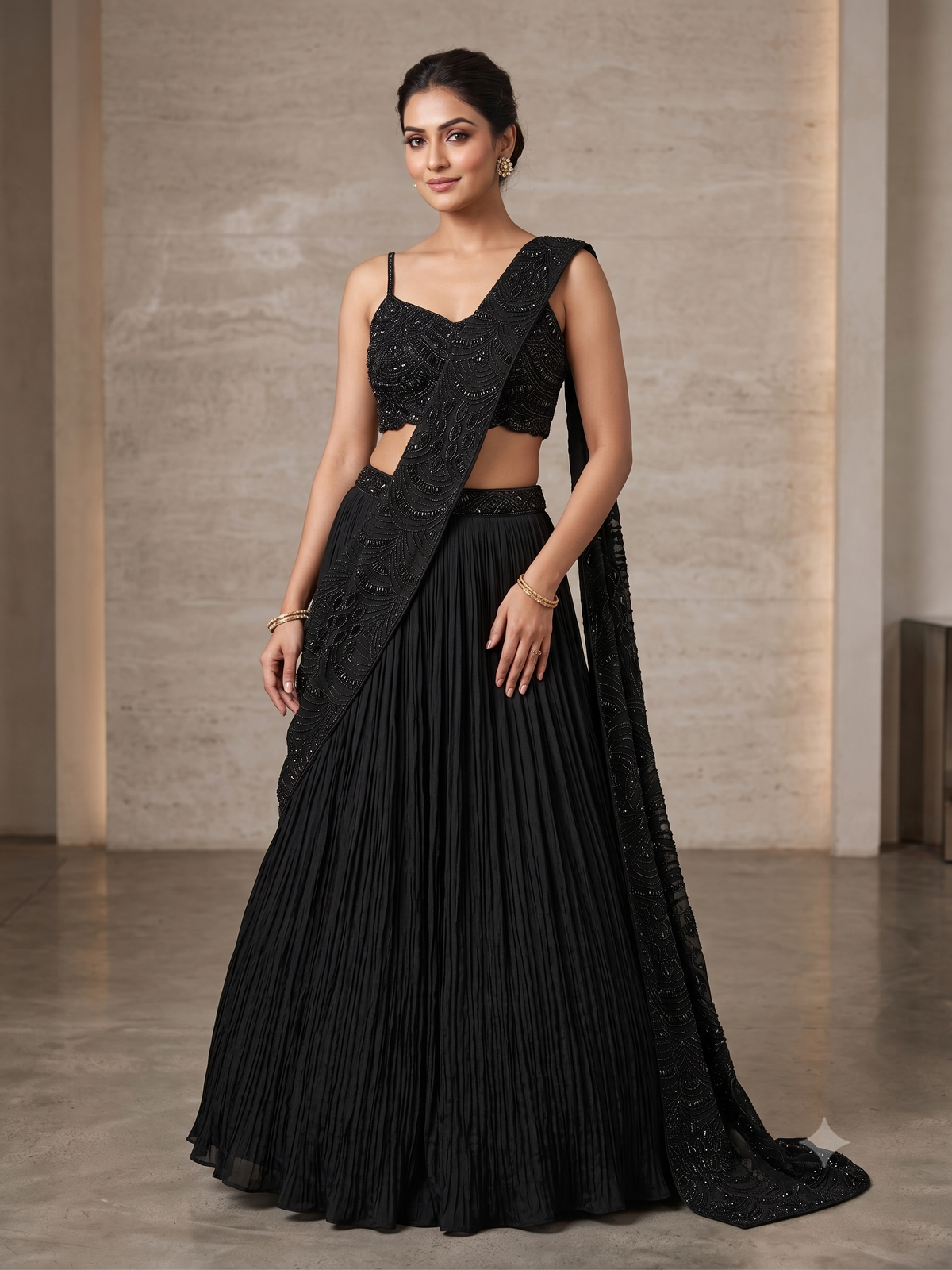 Jet Black Pleated Georgette Pre-Draped Lehenga Saree Set