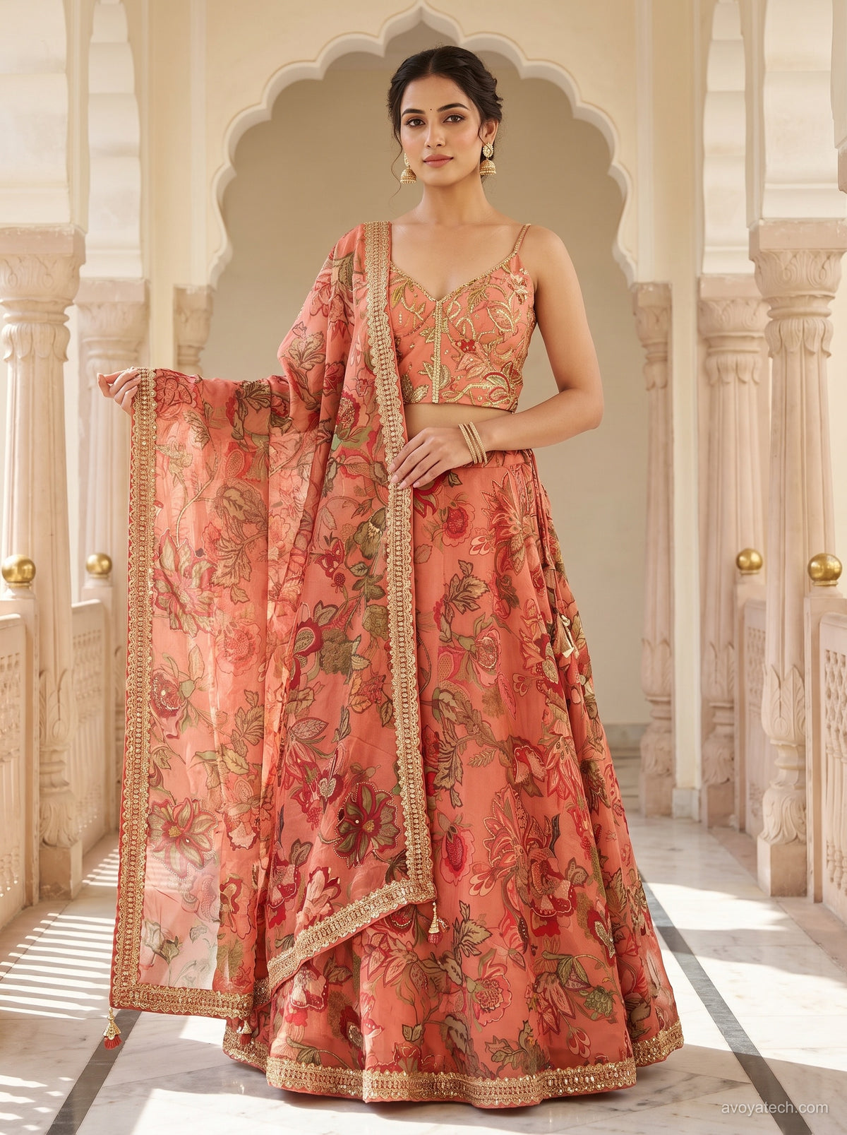 Peach Coral Vintage Floral Printed Lehenga Choli Set Main image