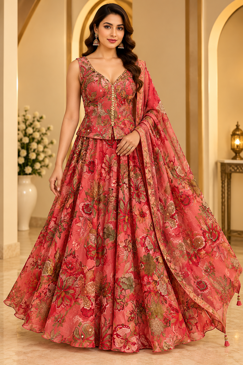 Coral Pink Hand-Embroidered Floral Organza Basque Corset Bustier, Flared Skirt & Dupatta Set