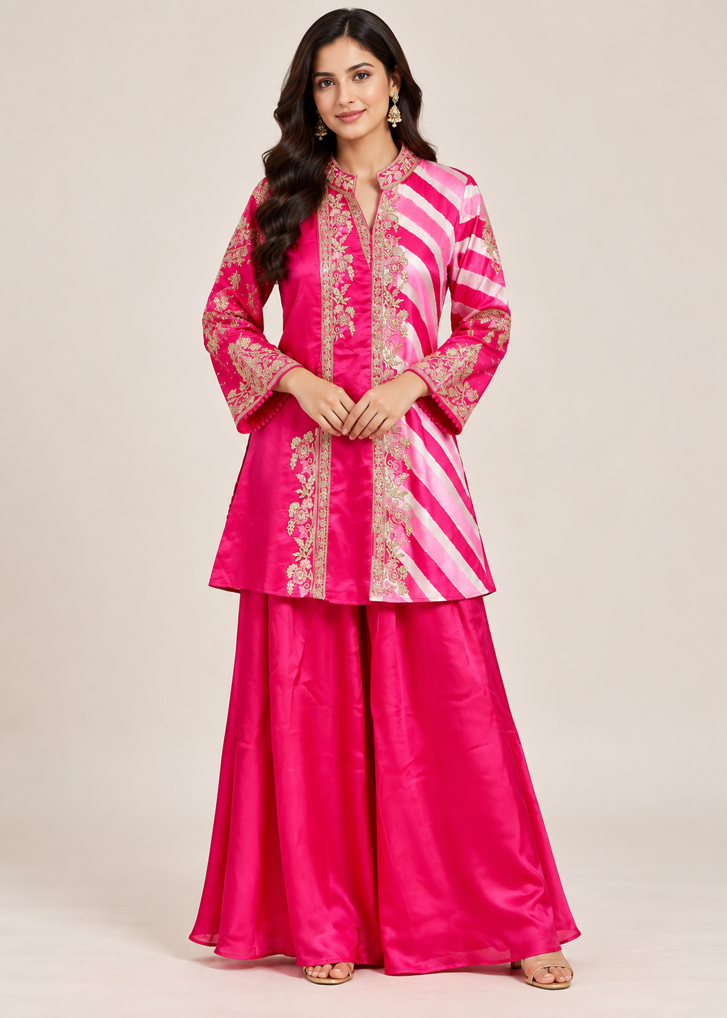 Rani Pink Leheriya Embroidered Short Kurti Sharara Set