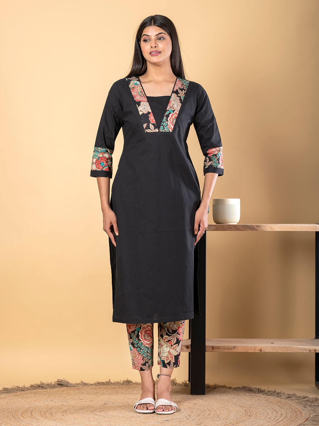 Black Kalamkari Trim Cotton Suit Set