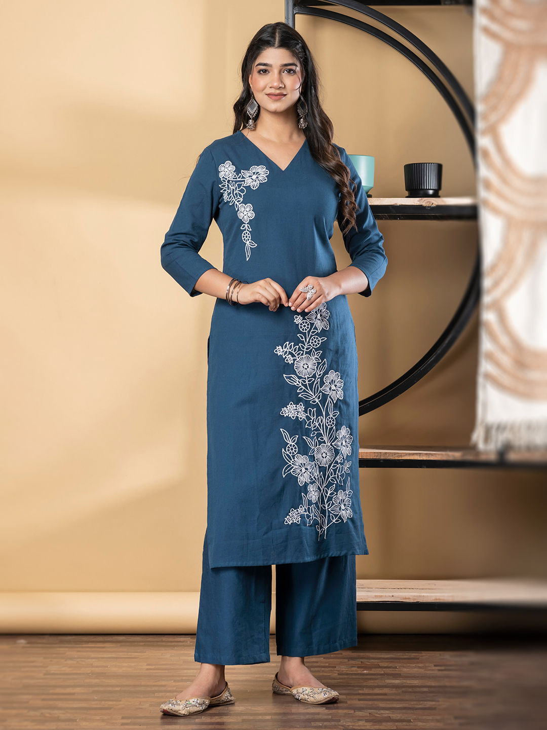 Blue Floral Embroidered Cotton Co-ord Set Main image