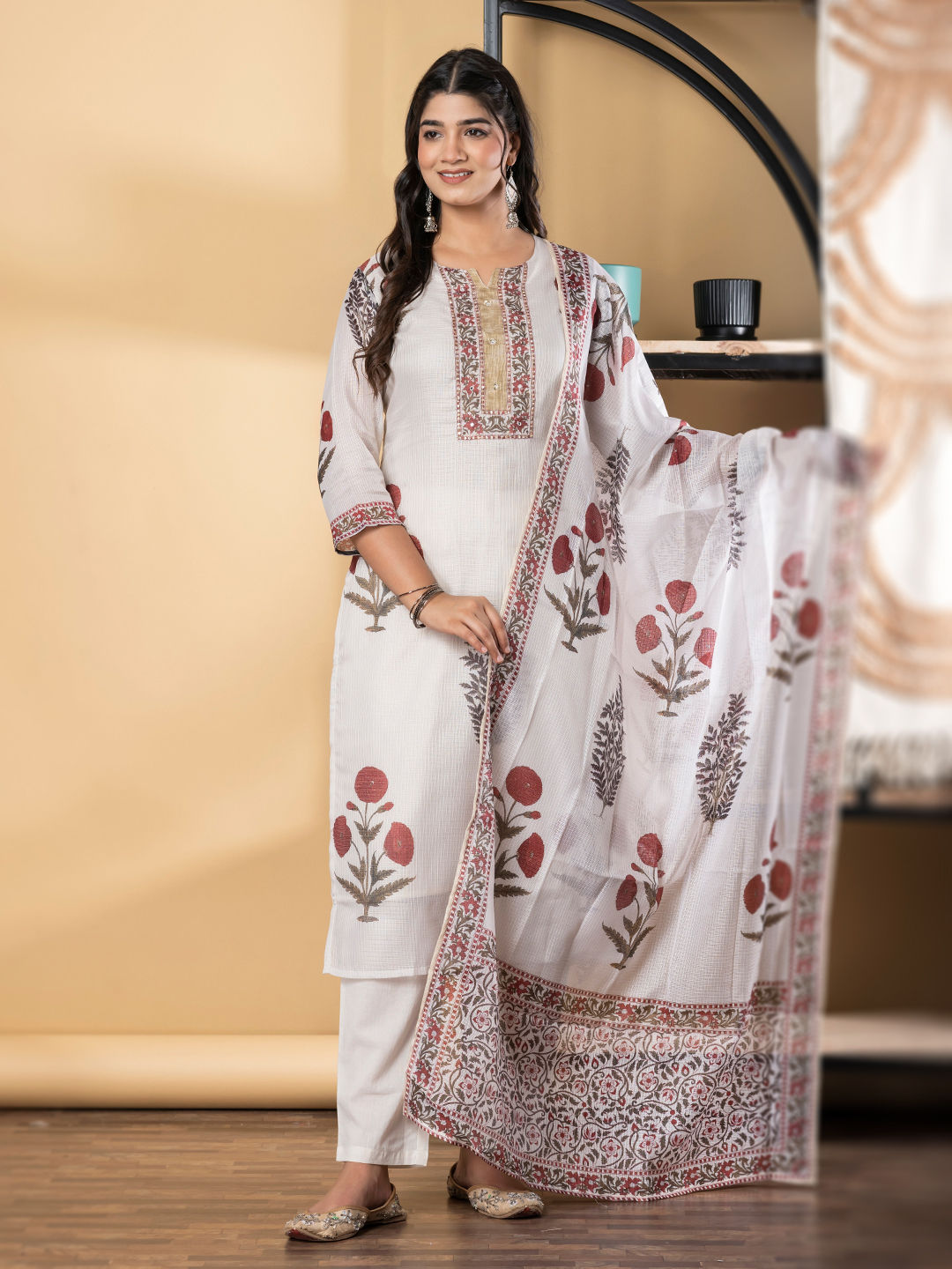 Ivory Floral Embroidered Cotton Suit Set