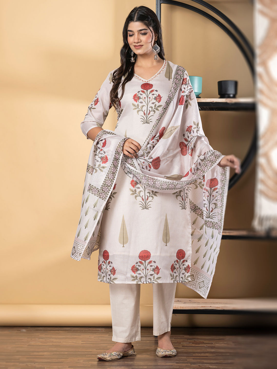 Off-White Floral Cotton Suit Set