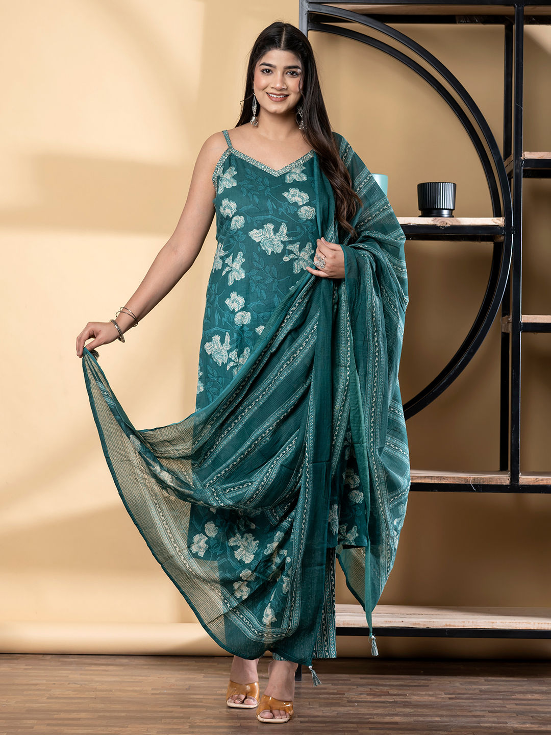 Teal Floral Cotton Suit Set Main image