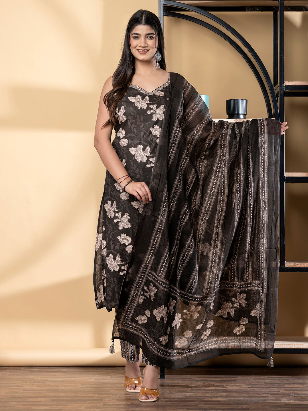 Coffee Brown Floral Cotton Suit Set