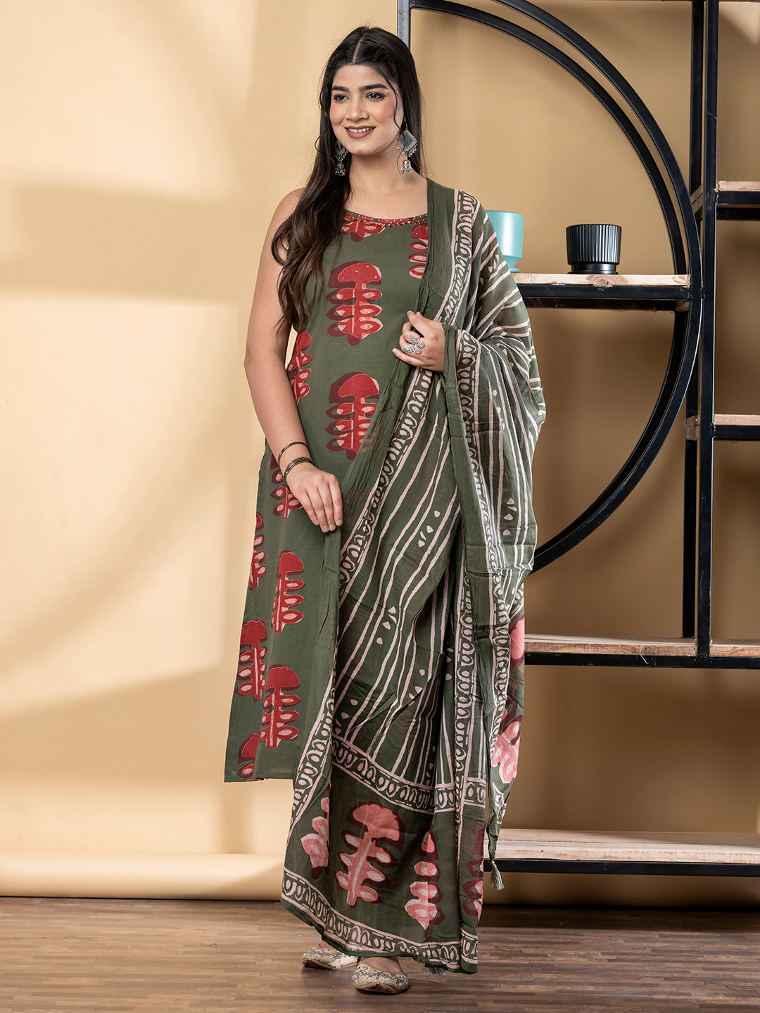 Olive Green Abstract Cotton Suit Set Main image