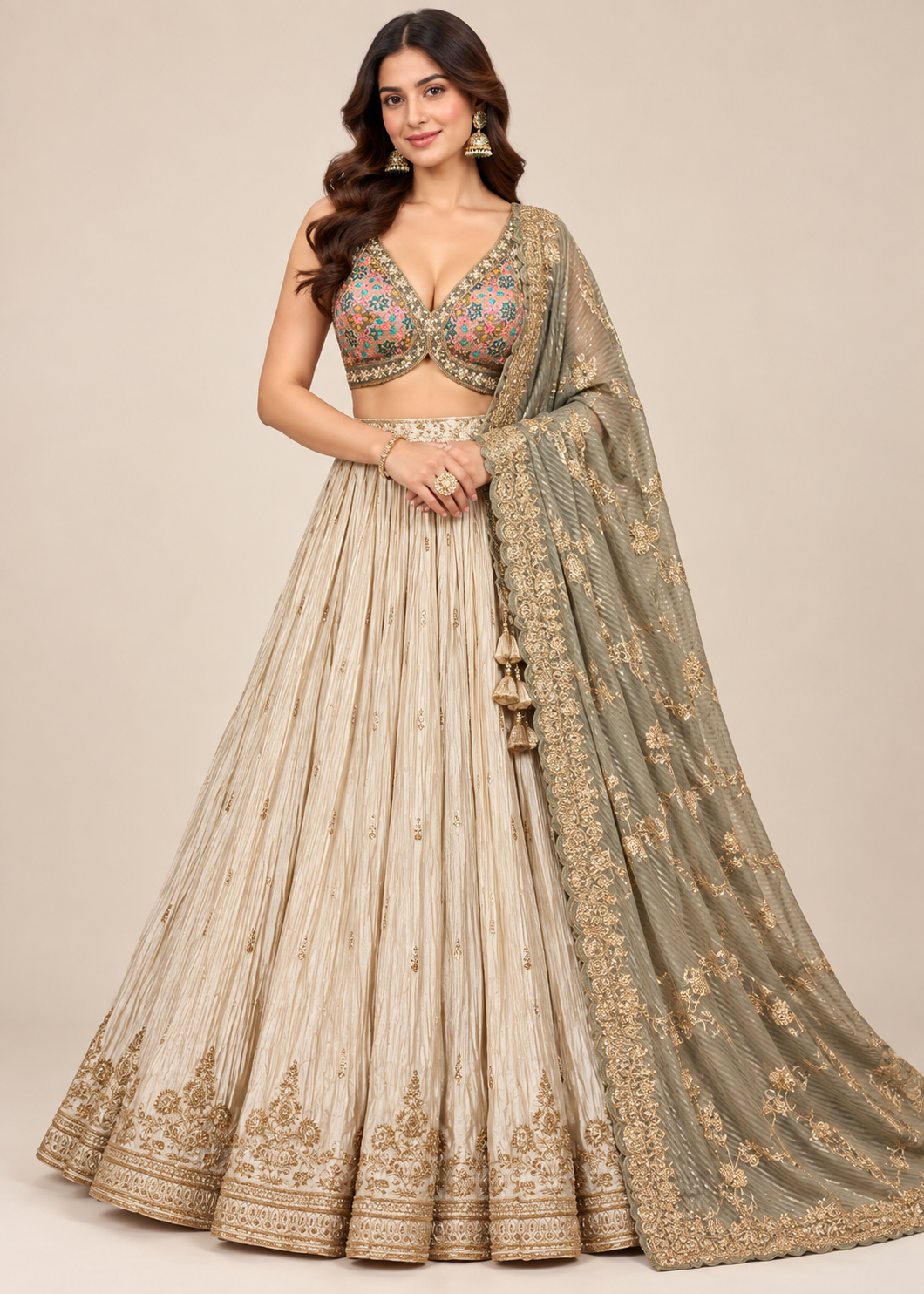 Champagne Ivory & Sage Olive Embroidered Lehenga Set Main image
