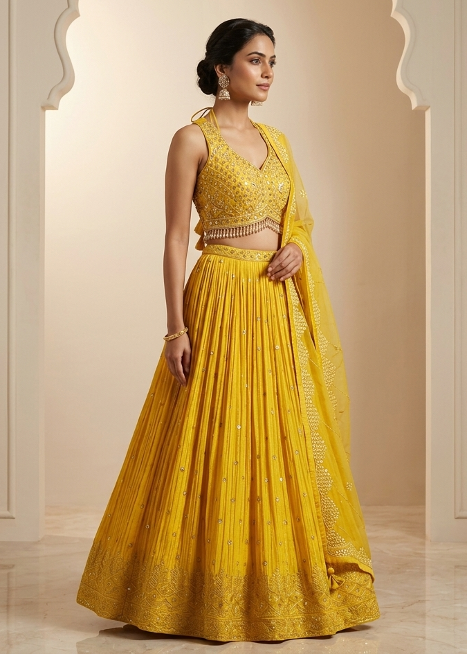 Mustard Pleated Georgette Lehenga Set