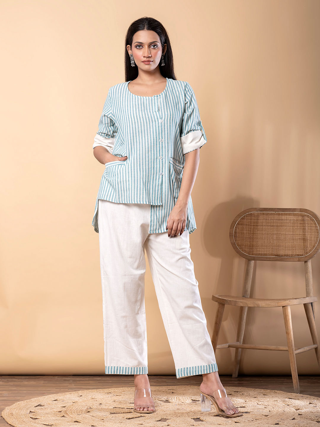 Sky Blue Striped Cotton Co-ord Set Main image