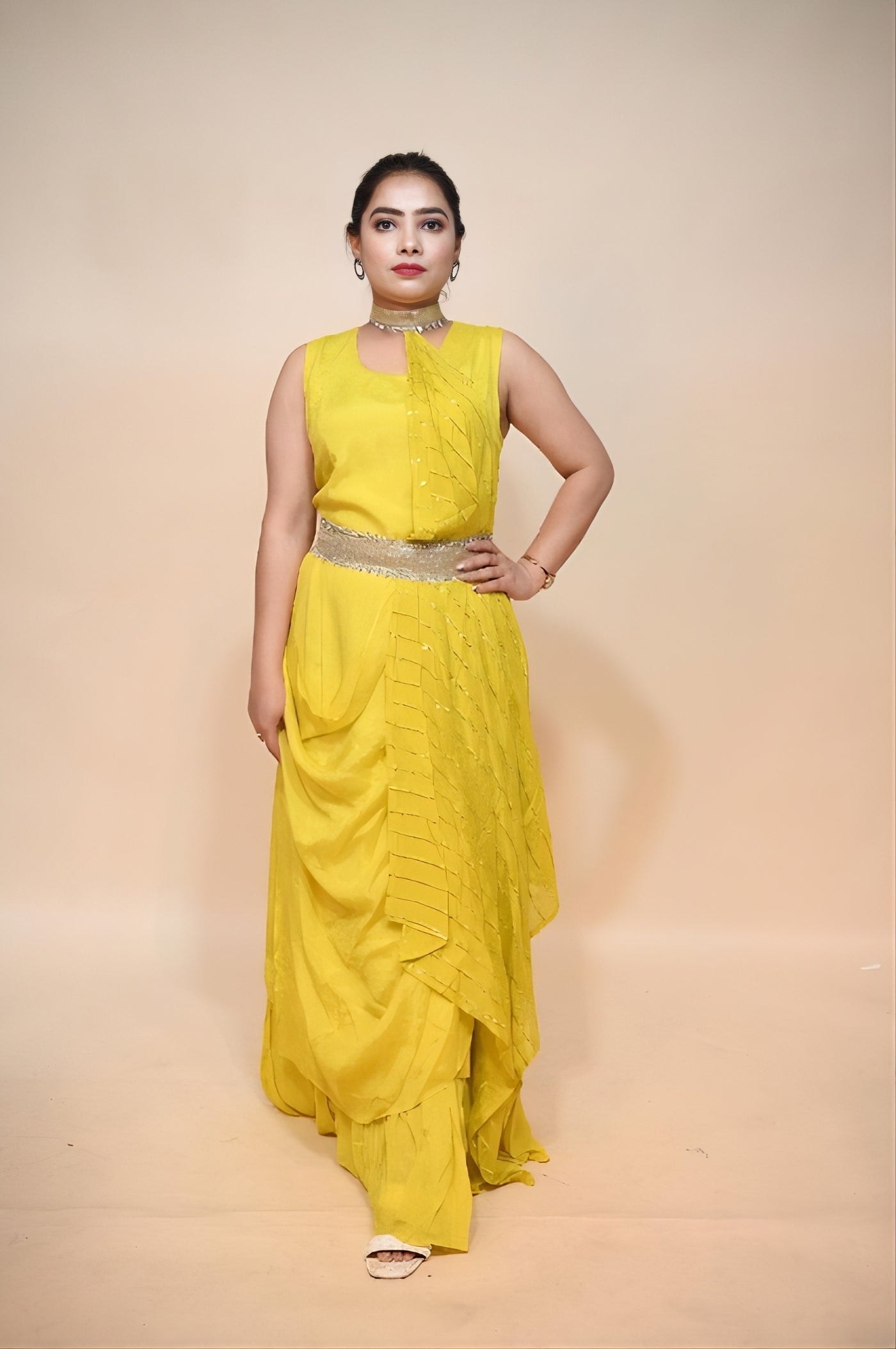 full front look of yellow georgette dress
