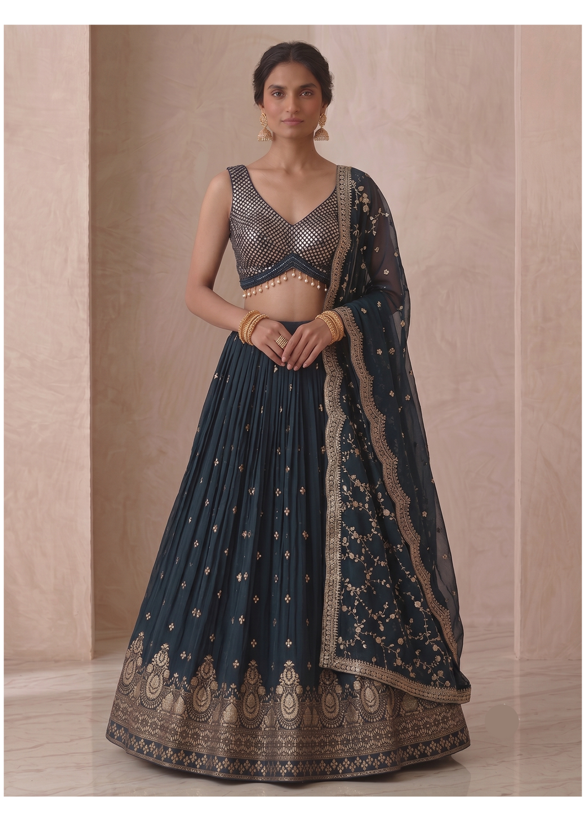 Peacock Navy Blue Pleated Georgette Lehenga Set with Sequin Blouse