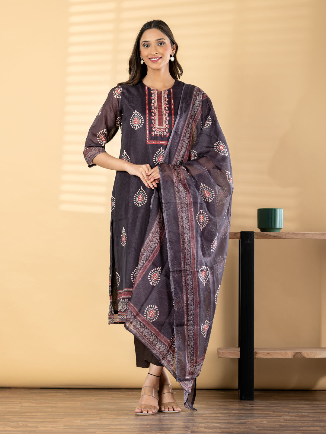 Charcoal Grey Paisley Cotton Suit Set