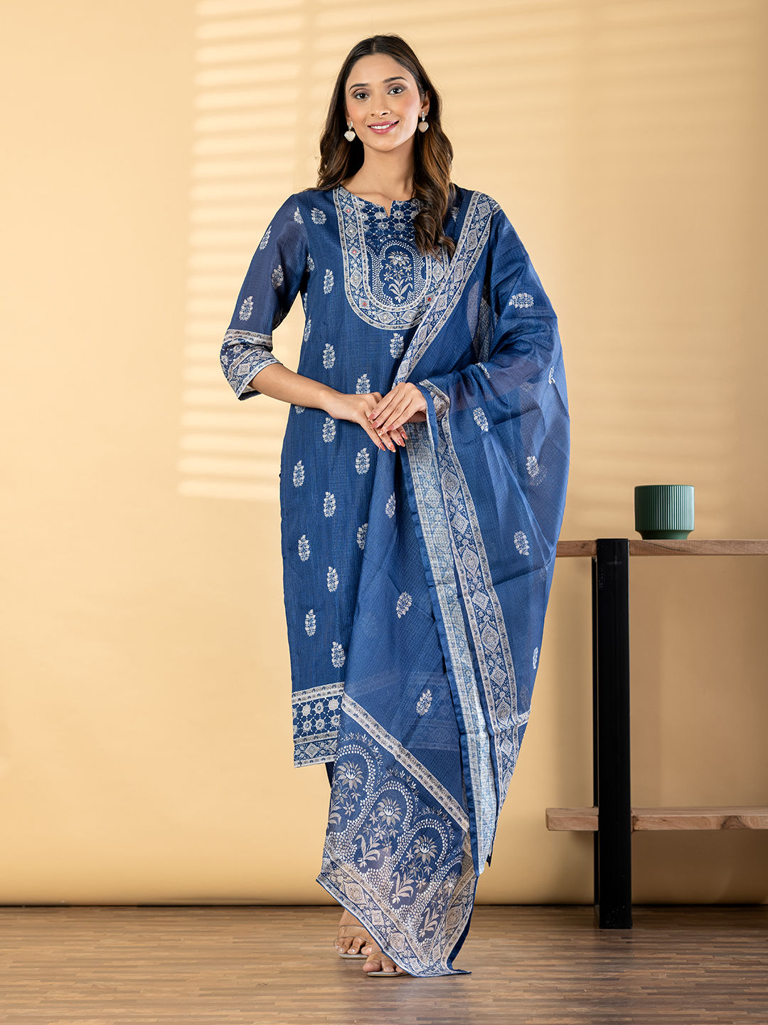 Indigo Floral Cotton Suit Set