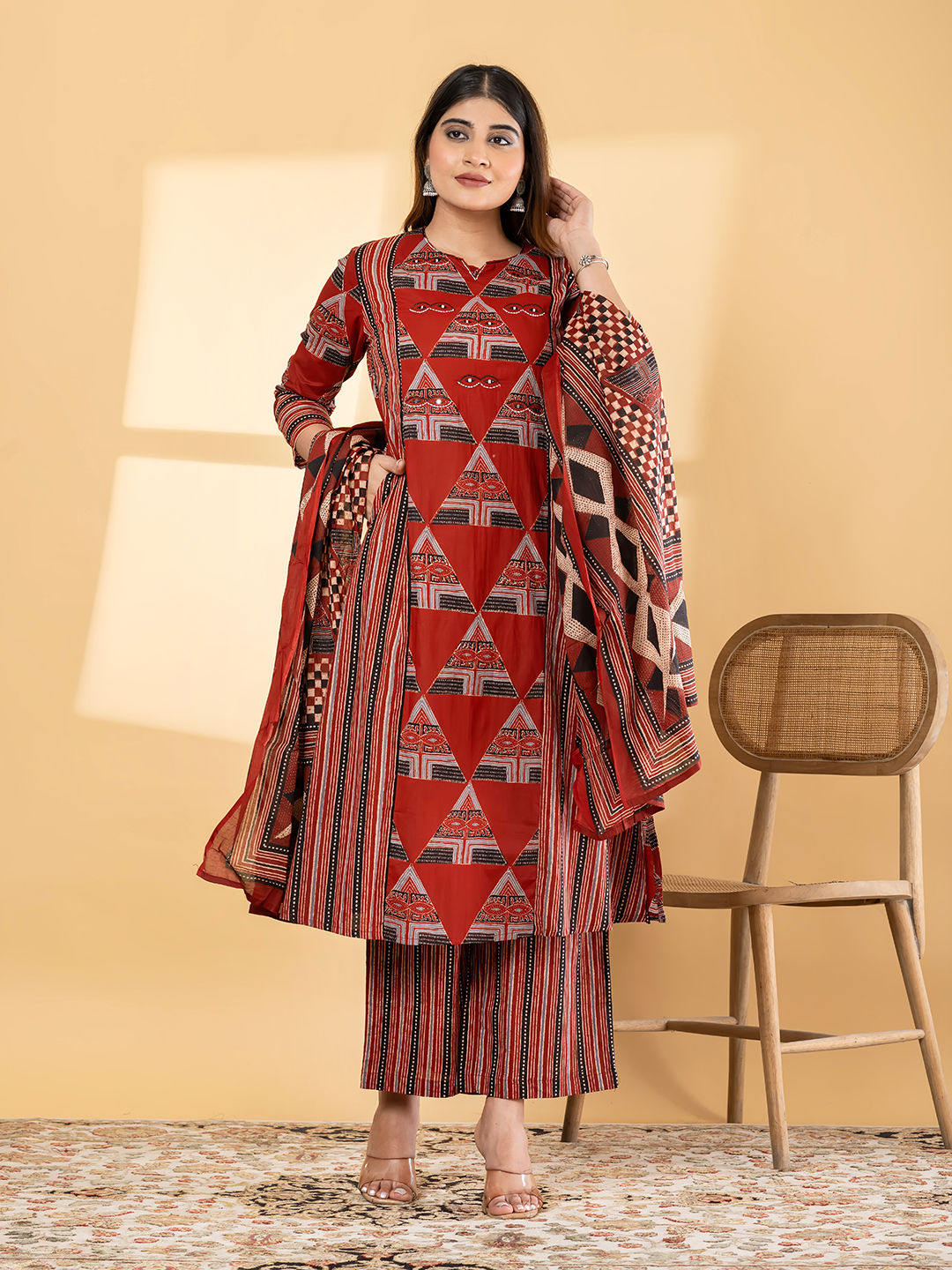 Geometric Ajrakh Fusion Kurta Set Main image