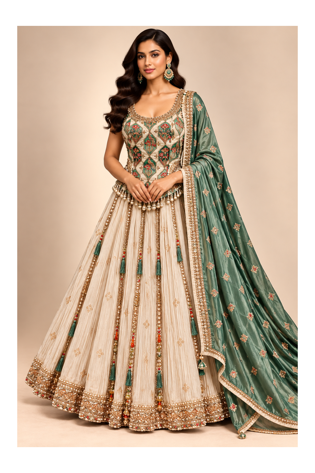 Ivory & Emerald Embroidered Corset Peplum, Pleated Lehenga Main image