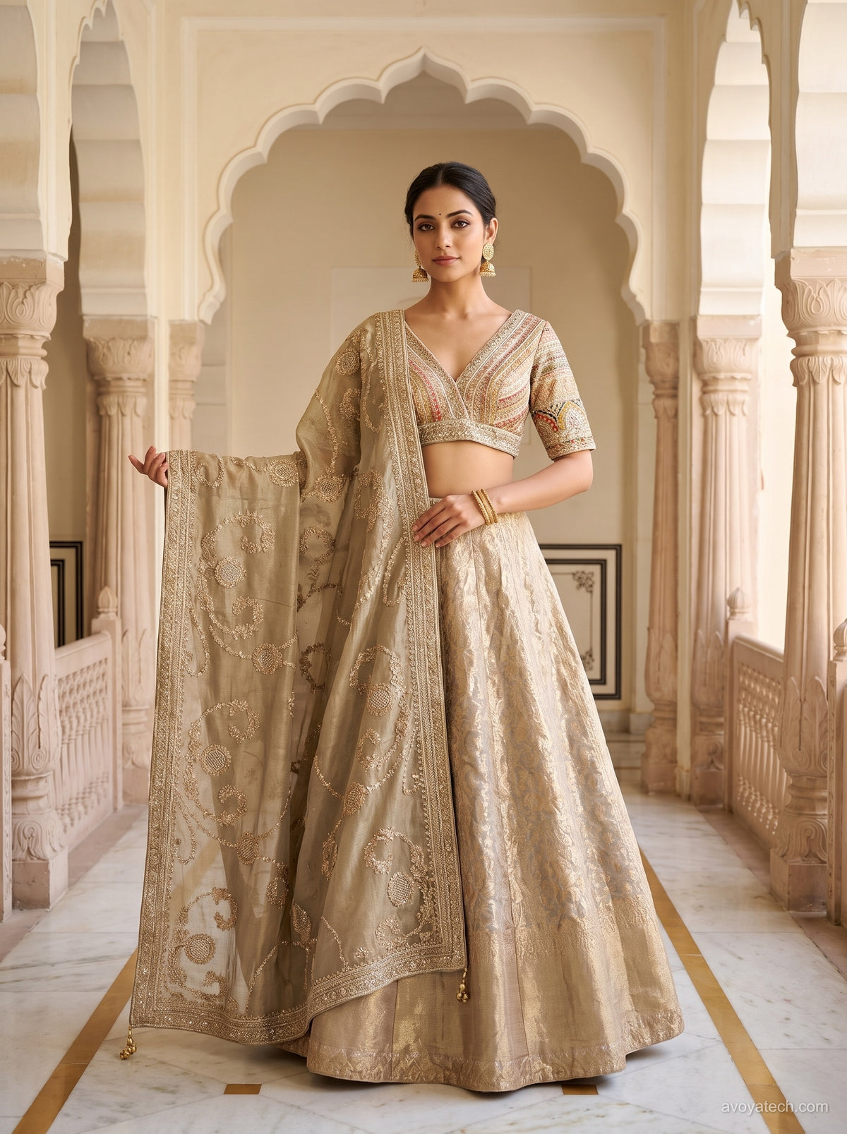 Champagne Gold Banarasi Silk Lehenga Choli Set