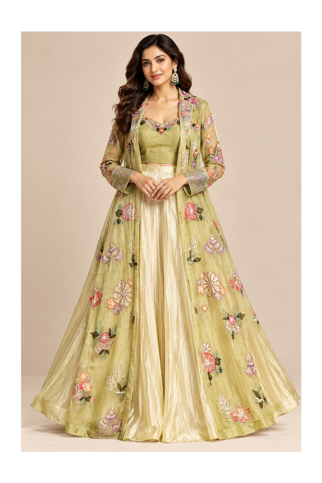 Lime Green Embroidered Long Jacket Lehenga Set Main image