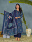 Elegant Navy Blue Striped Floral Kurta Set