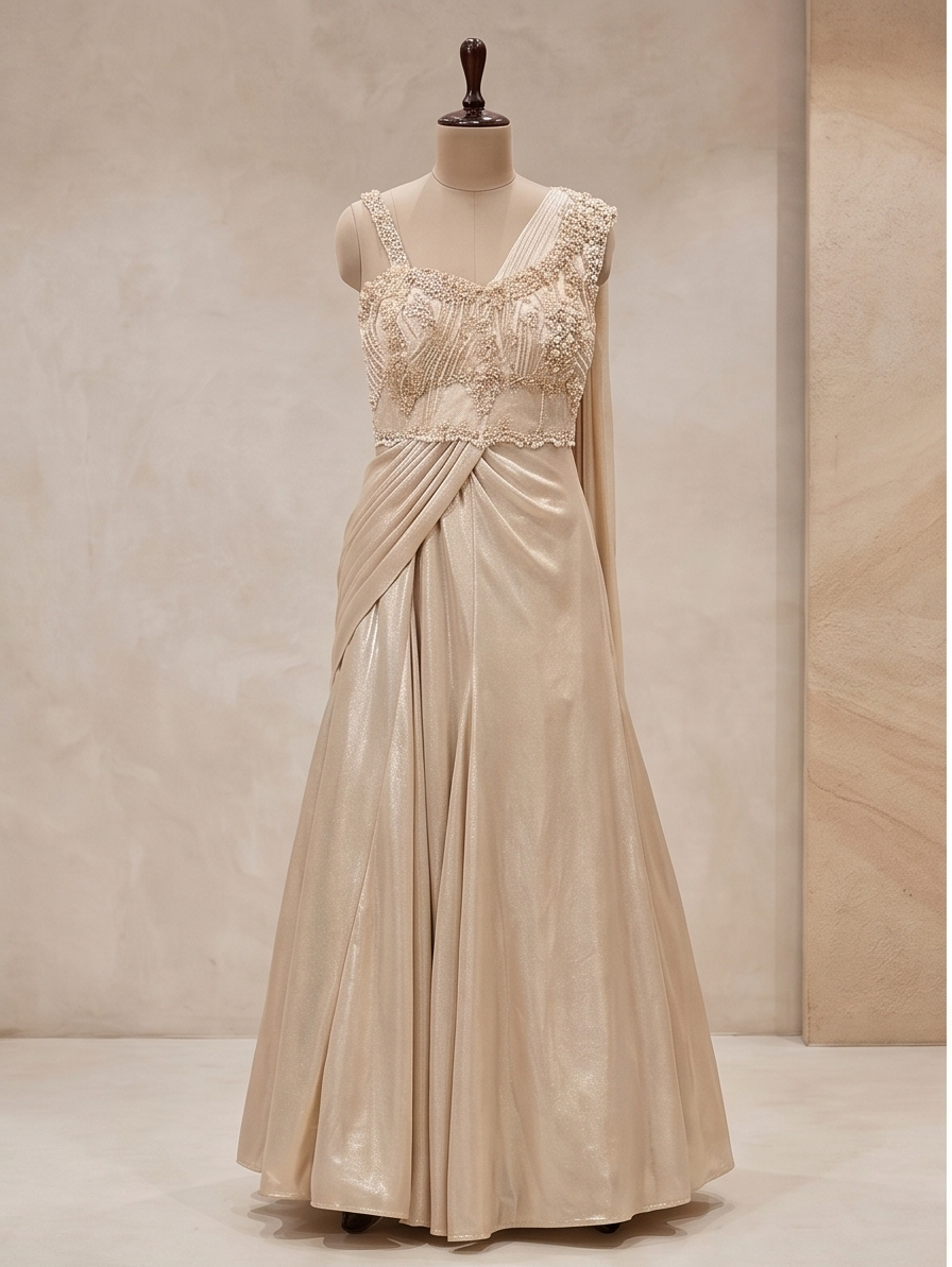 Champagne Gold Pearl Embellished Draped Evening Gown