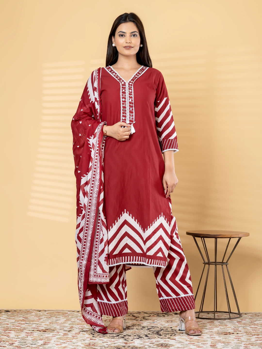 Bold Maroon Geometric Border Kurta Set