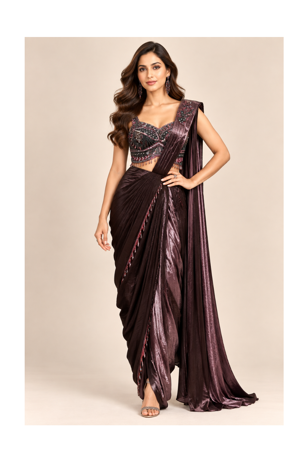 Deep Wine Metallic Pre-Draped Dhoti-Saree & Embroidered Bustier Set Main image