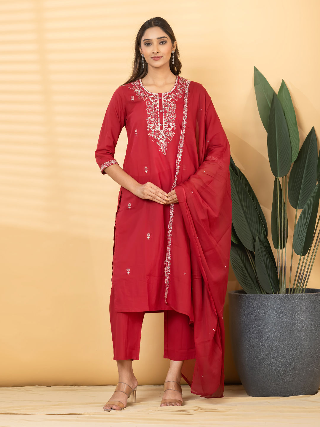 Crimson Floral Embroidered Kurta Set