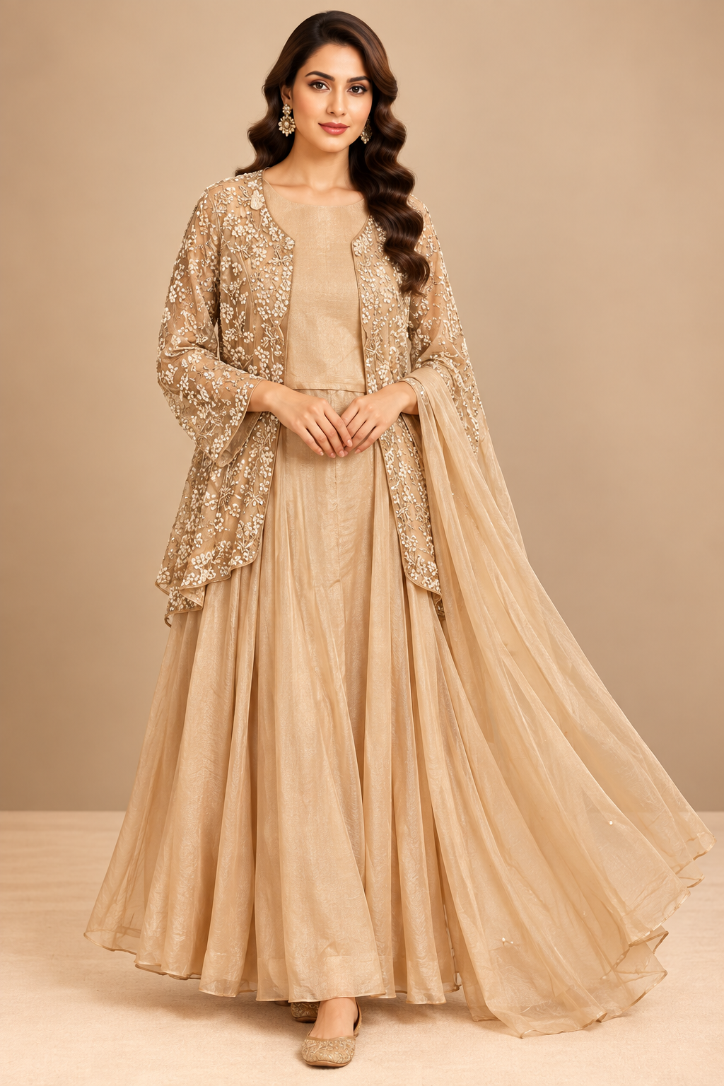 Champagne Gold Hand-Embroidered Sheer Net Jacket, Tunic &a Flared Kalidar Maxi Skirt Set with Dupatta
