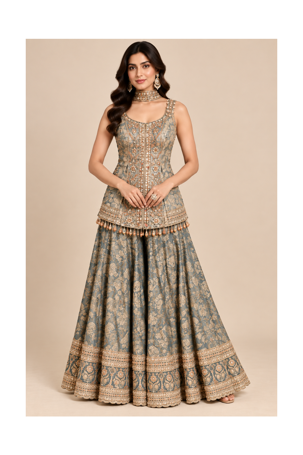 Slate Grey Embroidered Peplum Kurti & Sharara Set