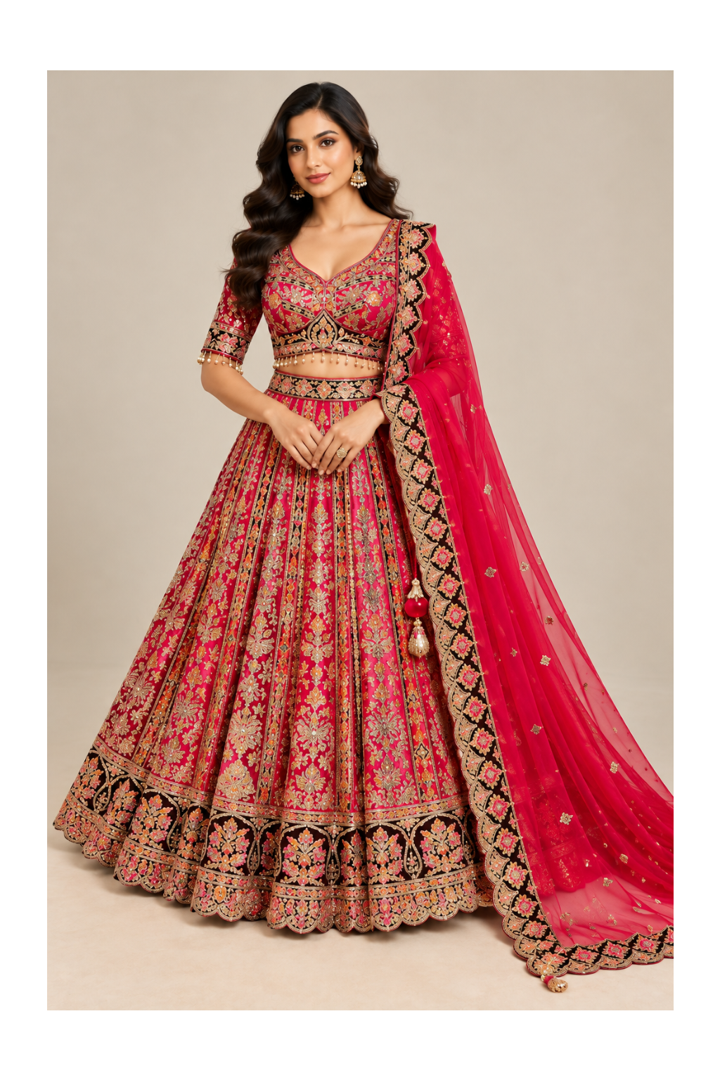 Rani Pink & Black Contrast Embroidered Kalidar Lehenga, Blouse Main image